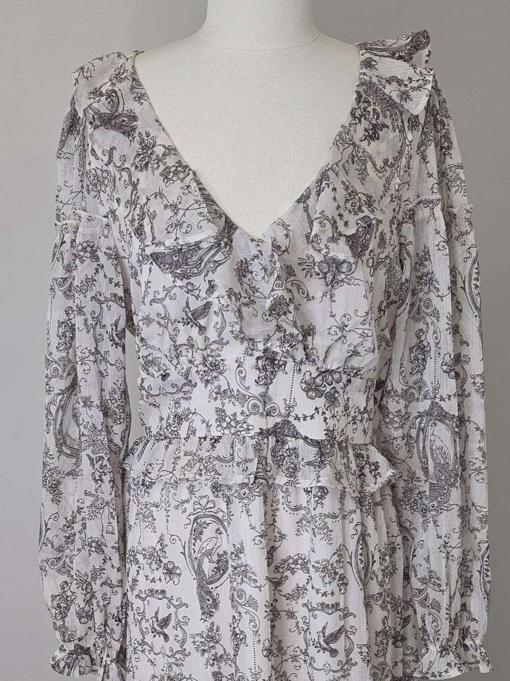 Francesca's Collections Cream and Brown Printed Ruffle Maxi Dress